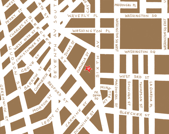 A Map showing our location in NYC. Located at:  18 Cornelia St. btwn Bleecker & West 4th    Subways A C B D E F & V at West 4th & 6th Ave  Subway 1 at 7th Ave & Christopher St